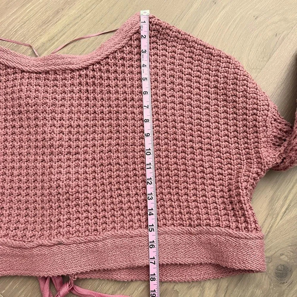 Free People Chunky Waffle Knit Sweater Lace Up Back Cropped Oversized Pink XS - Picture 9 of 9